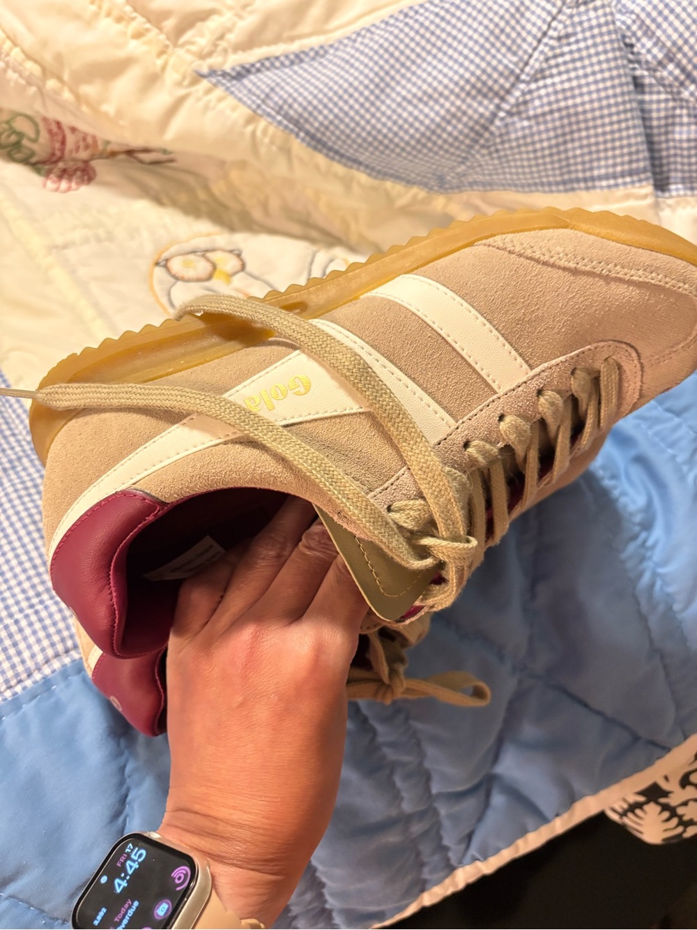 Gola Beige Suede Retro Trainer with White Stripes and Gum Sole - Picture 7 of 8